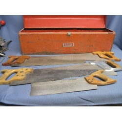 Lot of 6 Vintage Hand saws in a case