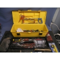 Lot of Assorted Tools & Yellow Toolbox - Wrench Screw Driver Saw