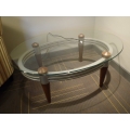 Oval Glass Coffee Table w Metal Frame & Wood Legs