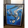 2-Section Abstract Painting w Black Frame Apx 30x44 Art