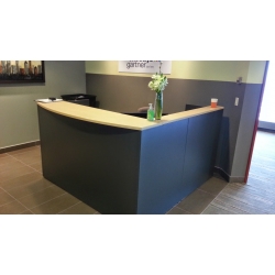 Global Grey Blonde L-Shape Reception Desk w Transaction Counter Global Grey Blonde L-Shape Reception Desk w Transaction Counter