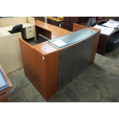 Med Cherry Tone Maple Grain Reception Desk W Glass Trans Counter Allsold Ca Buy Sell Used Office Furniture Calgary