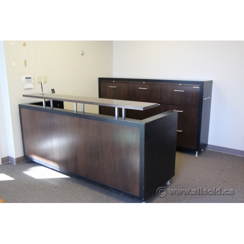 Espresso And Black Reception Desk Suite With Transaction Counter Allsold Ca Buy Sell Used Office Furniture Calgary