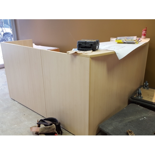 Blonde L Suite Double Ped Reception Desk W Transaction Counter Allsold Ca Buy Sell Used Office Furniture Calgary