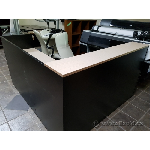 Black Blonde L Shape Reception Desk W Transaction Counter Allsold Ca Buy Sell Used Office Furniture Calgary