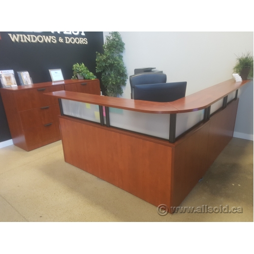 Autumn Maple L Suite Reception Desk With Transaction Counter Allsold Ca Buy Sell Used Office Furniture Calgary