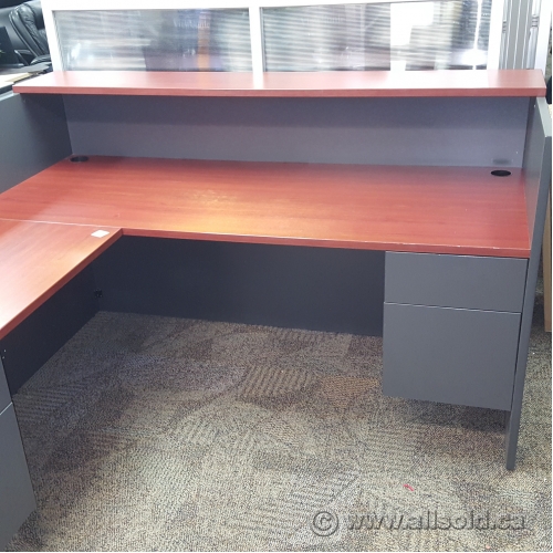 Grey Reception Desk W Mahogany Surface And Transaction Counter Allsold Ca Buy Sell Used Office Furniture Calgary