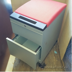 Grey Teknion 2 Drawer Rolling Pedestal w/ Red Cushion