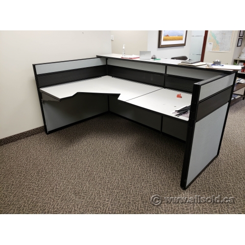 Grey Corner Reception Desk W Transaction Counter Allsold Ca Buy Sell Used Office Furniture Calgary