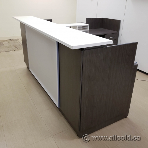 Grey Reception Desk With White Transaction Counter 96 X 89 5 Allsold Ca Buy Sell Used Office Furniture Calgary