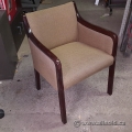 Cherry Wood Tan Fabric Bucket Arm Chair