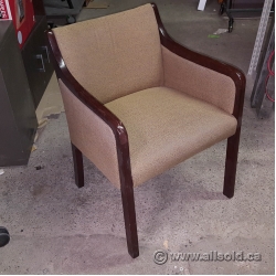 Cherry Wood Tan Fabric Bucket Arm Chair