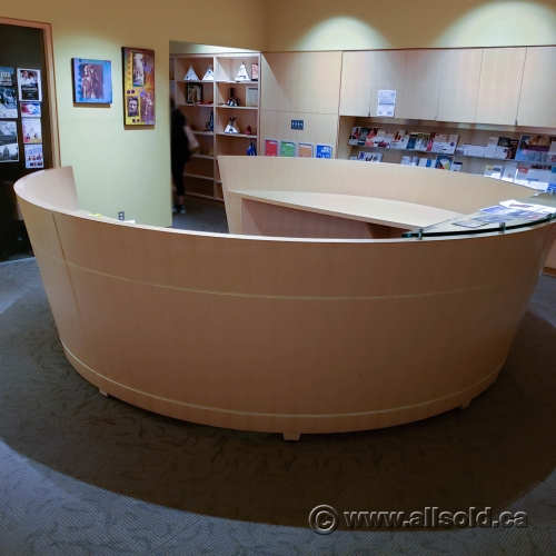 Round Maple Reception Desk W Glass Top Transaction Counter Allsold Ca Buy Sell Used Office Furniture Calgary