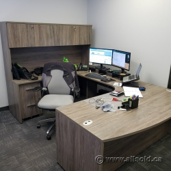 Grey Dual Pedestal Executive U / C Suite Office Desk w/ Overhead