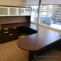 U Suite Desk w/ Bullet Runoff, Overhead & 4 drawer file Cabinet