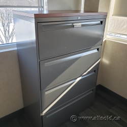 36" Grey Steelcase 4 Drawer Lateral File Cabinet w/ Med Tone Top