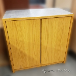 Blonde Oak 2 Door Storage Cabinet w/ Grey Top