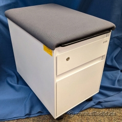 White Steelcase Rolling 2 Drawer Pedestal w/ Grey Cushion Top