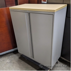 Teknion Grey 2 Door Storage Cabinet w/ Blonde Laminate Top