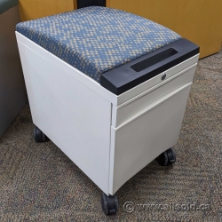 White 2 Drawer Rolling Pedestal Cabinet w/ Blue & Yellow Cushion