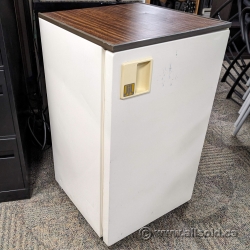 White Vintage Small Bar Mini Fridge w/ Wood Tone Top