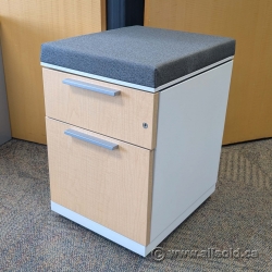 Blonde and White Pedestal File Cabinet w/ Grey Cushion Top