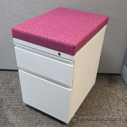 White 2 Drawer Rolling Pedestal Cabinet w/ Pink Cushion Top