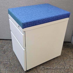 Herman Miller White 2 Drawer Pedestal File Cabinet, Blue Cushion