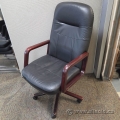 Black Leather Office Meeting Chair w/ Wood Arms and Base