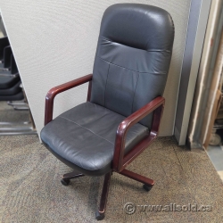 Black Leather Office Meeting Chair w/ Wood Arms and Base