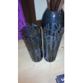 Set of 2 Dark Etched Glass Vases and 1 Black Glass Vase