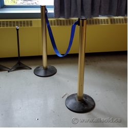 Lot of 6 Brass Finish Barrier Stanchions w Blue Retractable Belt
