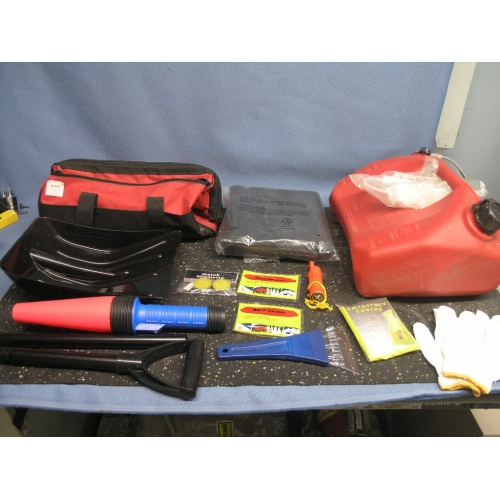 Snowmobile Winter Emergency Kit Blanket Shovel Gas Can Light