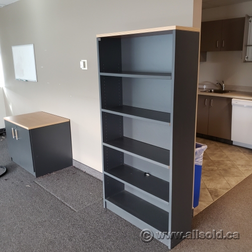 71" Grey Wood Bookcase w/ Blonde Top & Adjustable Shelves Allsold.ca