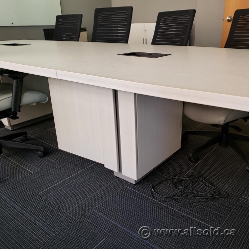 White 14 ft Boat Shaped Boardroom Meeting Table w/ Power Grommet