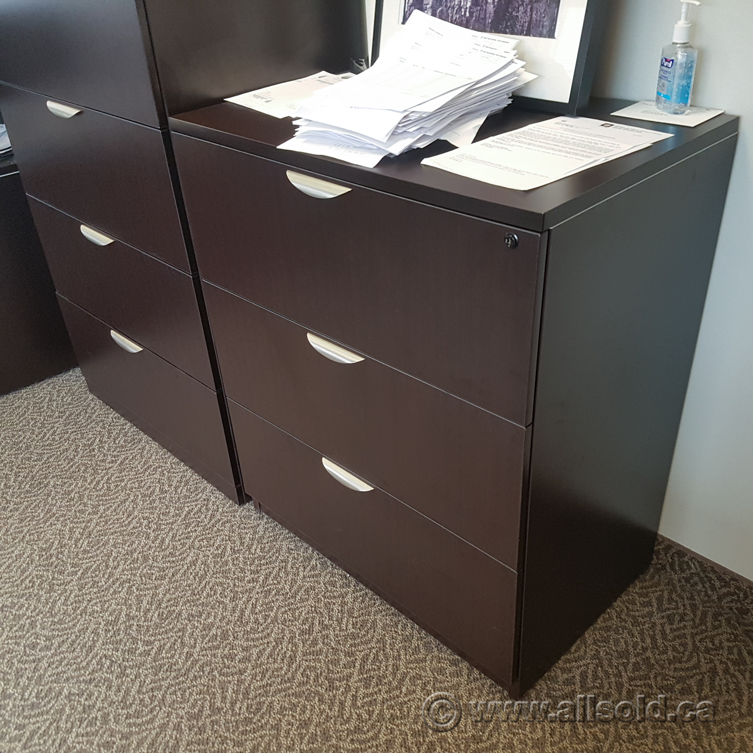 Espresso 3 Drawer Lateral File Cabinet Locking Allsold Ca Buy Sell Used Office Furniture Calgary