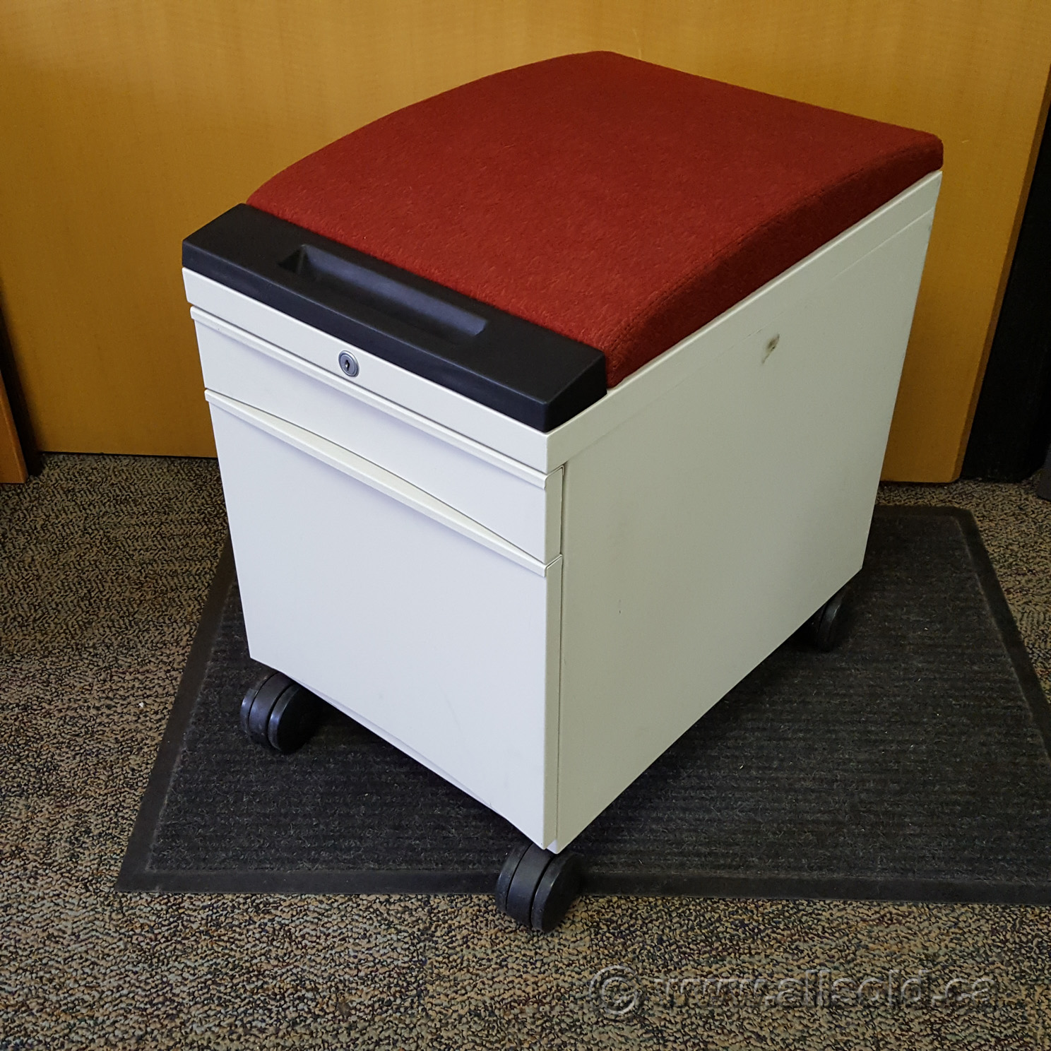 White Teknion 2 Drawer Rolling Pedestal w/ Red Cushion Allsold.ca
