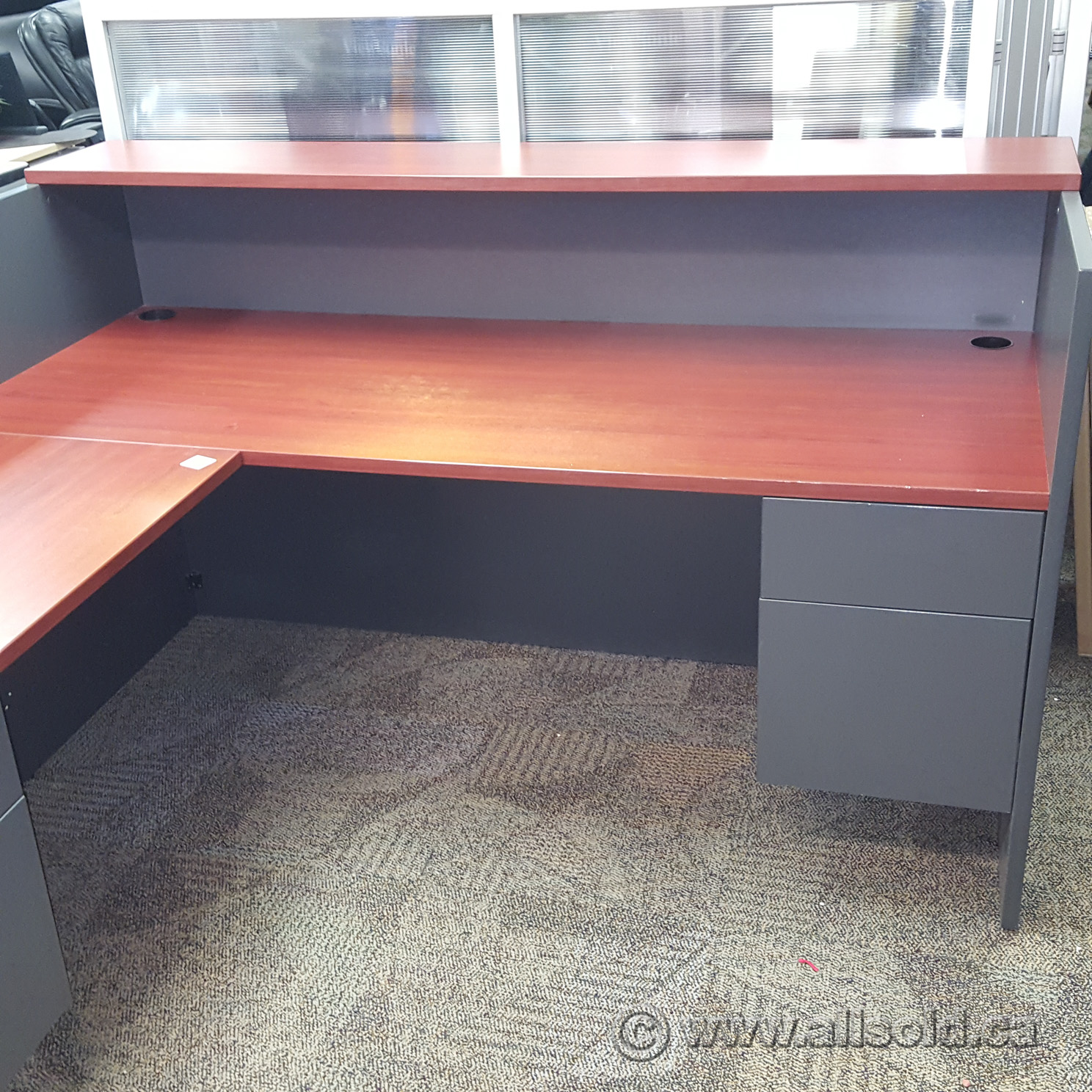 Grey Reception Desk w/Mahogany Surface and Transaction Counter
