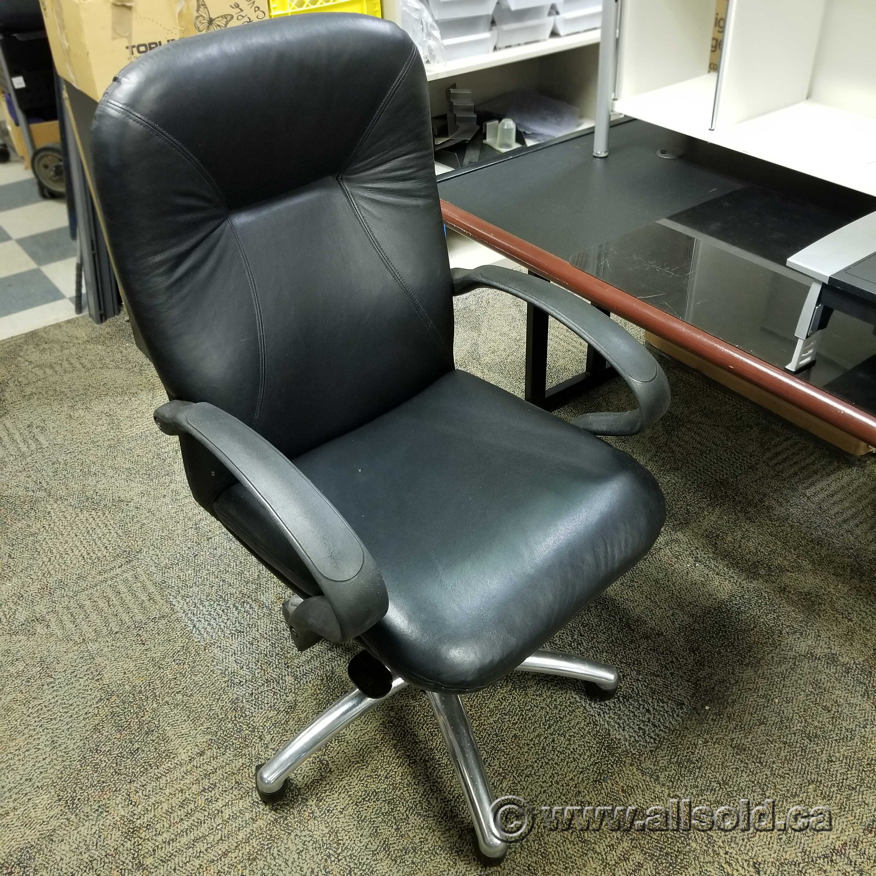 Black Leather Chrome Base Office Task Chair w/ fixed Arms Allsold.ca