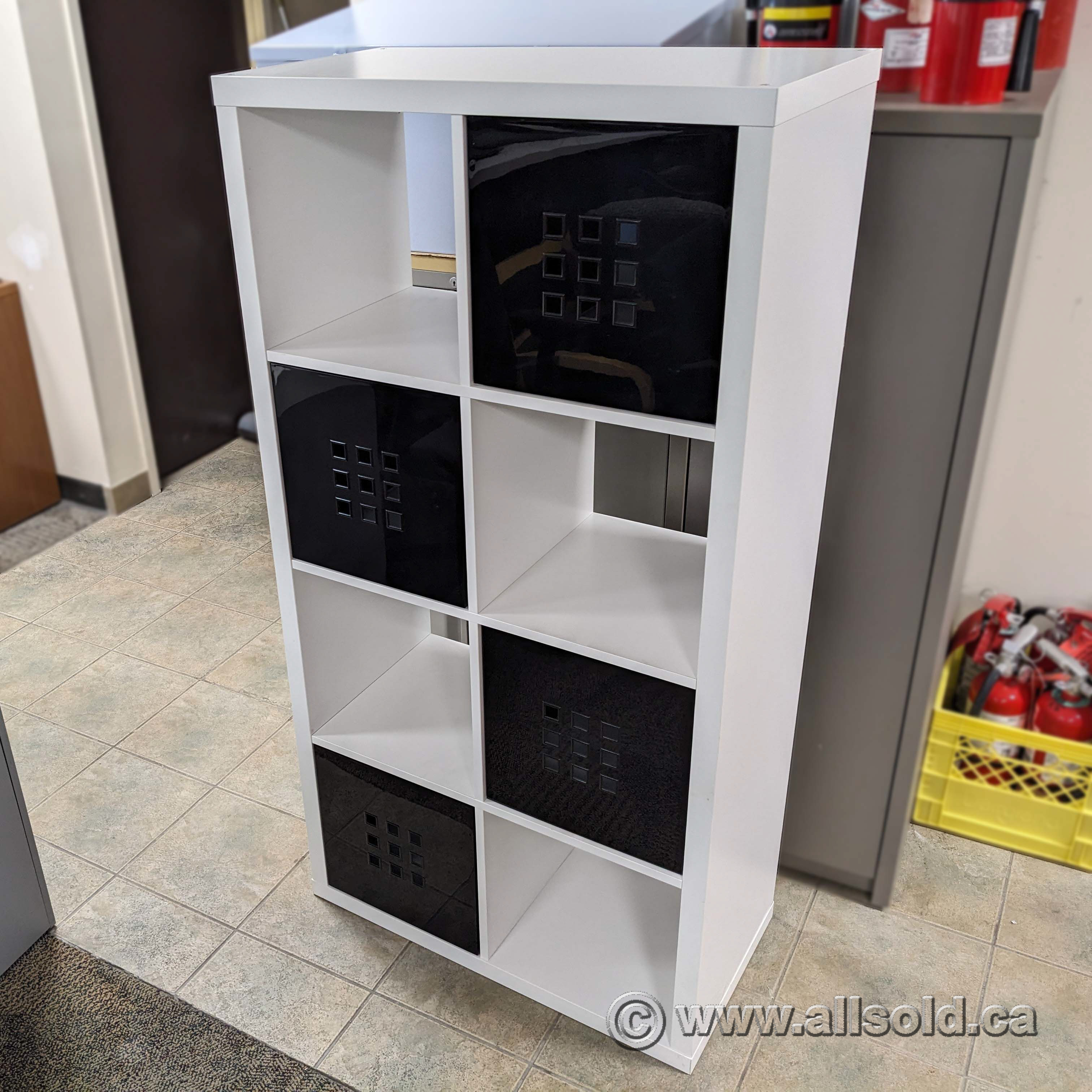White IKEA Storage 4x2 Cube Bookcase w/ 4 Black Lekman Boxes Allsold